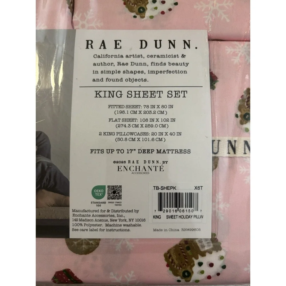Rae Dunn Sweet Holiday King Sheet Set Pink Gingerbread‎ Christmas Bedding NEW